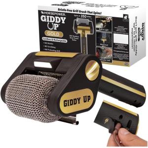 image:imageHorsepower Giddy Up GOLD BristleFree Spinning Grill Brush wLED amp Longer Run Time CordlessRechargeable 304 Stainless Steel Power Roller Blasts Away BurntOn Food No Bristles No Preheating 350 RPMExtra Battery Life