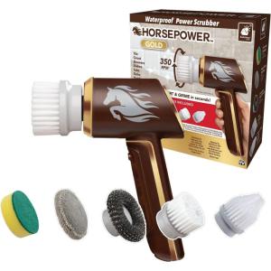 image:imageHorsepower Scrubber Gold Edition Longer Battery Life Electric Power Rechargeable Spins 350 RPM Waterproof 5 Brush Heads AS SEEN ON TV Cleans Dirt amp Grime Bathrooms Kitchen IndoorsOutdoorsExtra Battery Life